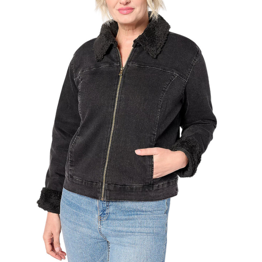 Isaac Mizrahi Live! Denim Jacket w/ Faux Shearling Lining Black - Regular - Picture 1 of 1